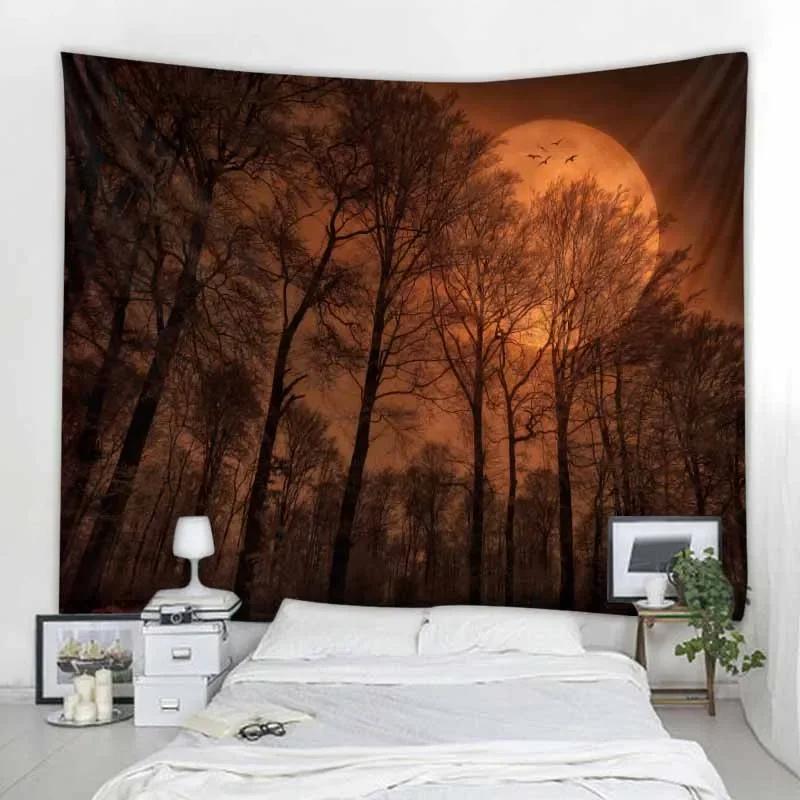 Starry Sky Forest Tapestry Moonlight Night Psychedelic Bohemian Tapestry Home Decor Wall Hanging Living Room Art Background