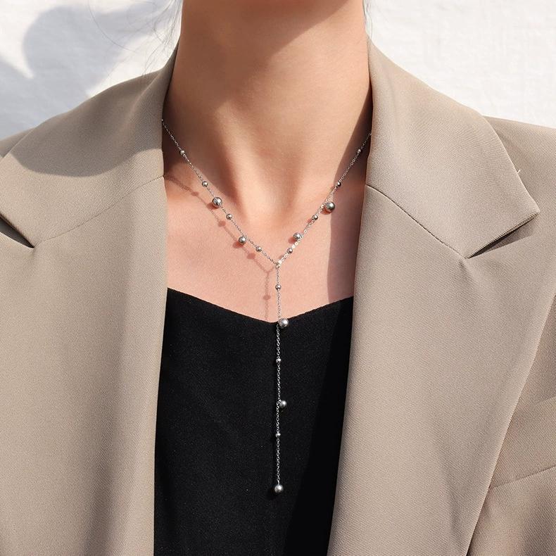 LT-P794 Ins Cold Style Trendy Bead Long Tassel Necklace Women's Collarbone Neck Chain Sweater Chain Stainless Steel Party