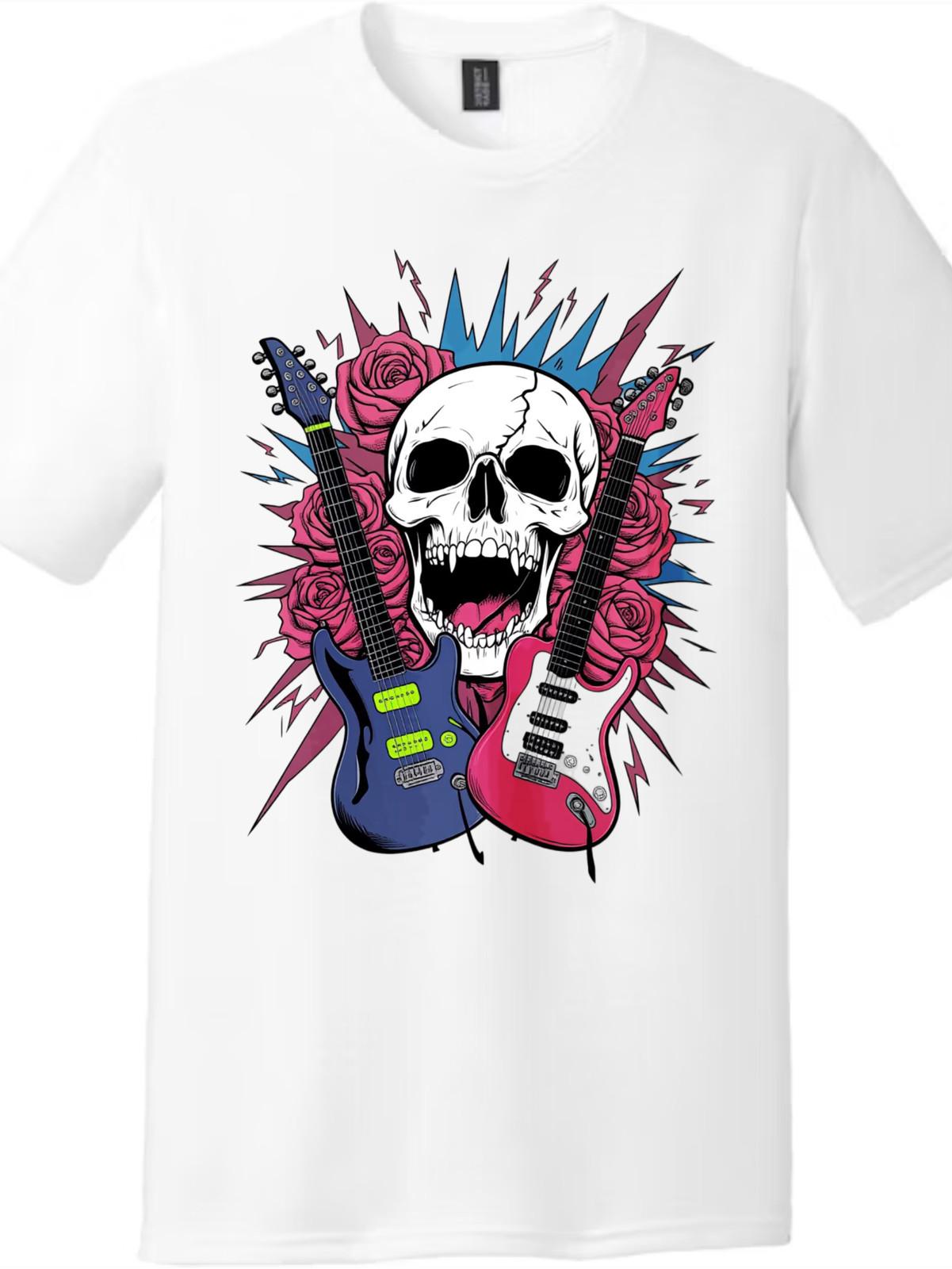Rock n Roll Skull & Roses T-Shirt - Unisex Guitar Graphic Tee S