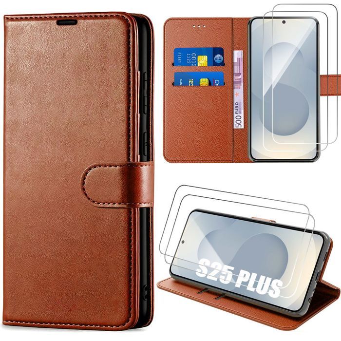 Coque de protection - BOOLING - pour Samsung Galaxy S25 Plus - Effet Cuir Marron - 2 Verres Trempés - Antichoc