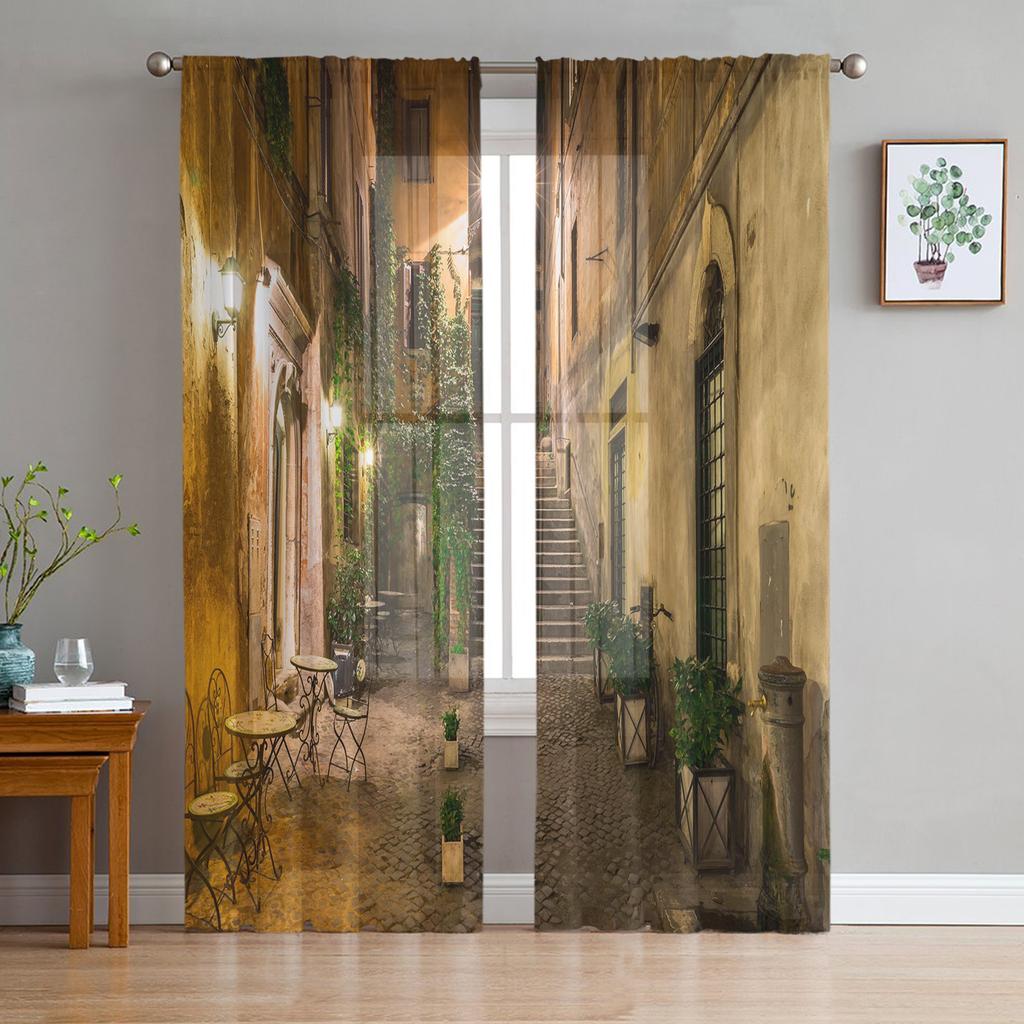 Garden Italian Arch Architectural Flowers Street Tulle Curtains for Living Room Chiffon Sheer Voile Kitchen Bedroom Curtain
