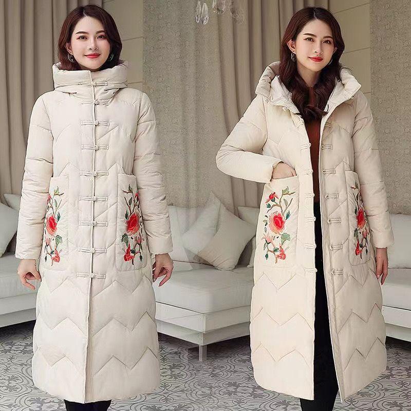 Ethnic Style Down Padded Jacket Women's Mid-length Embroidered Over-the-knee Padded Jacket Chinese Style Padded Jacket Thickened Winter Clothes