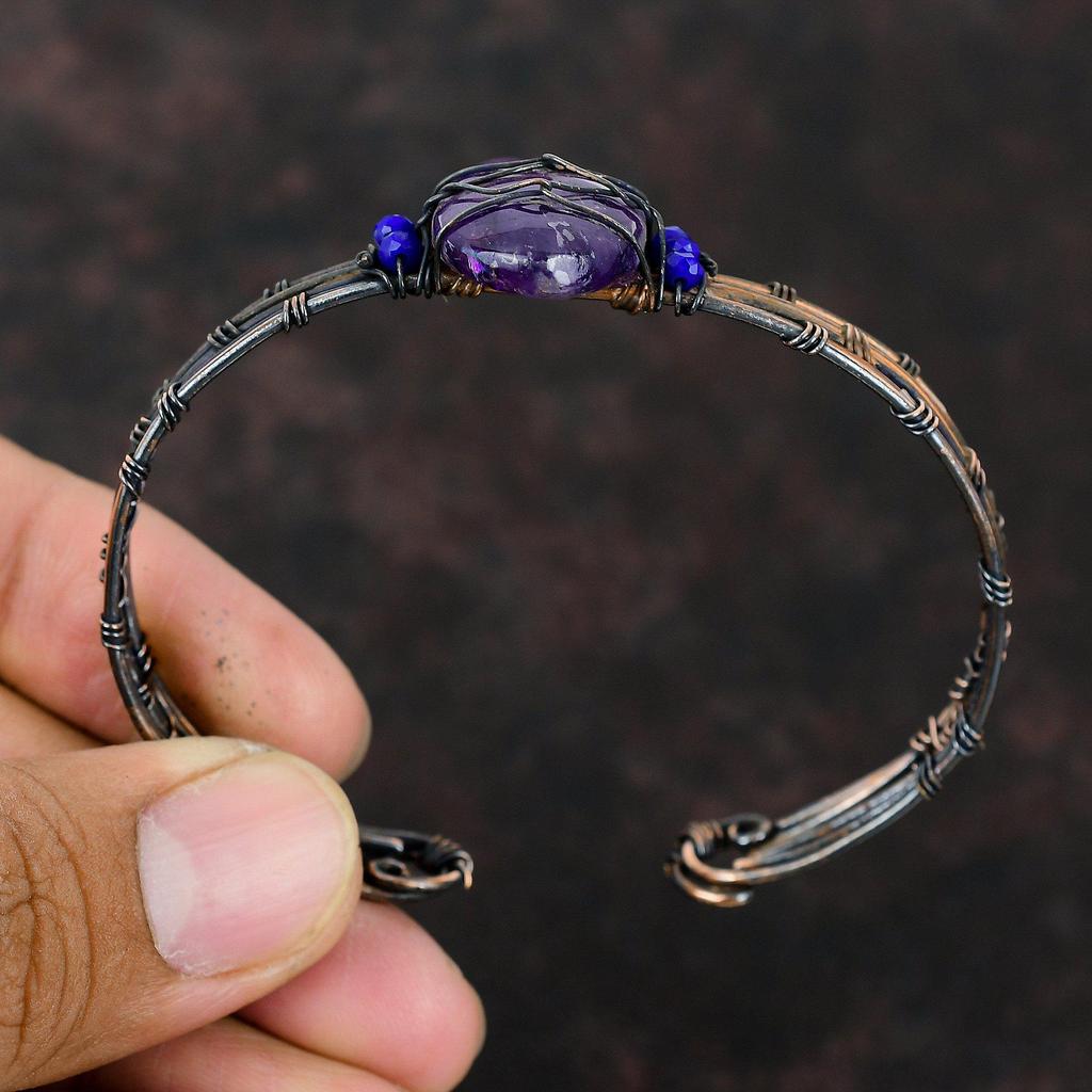 Star Amethyst Cuff Bracelet Lapis Lazuli Beads Bangle Copper Wire Wrapped Jewelry Adjustable Cuff Bracelet Gemstone Jewelry Handmade Bangle