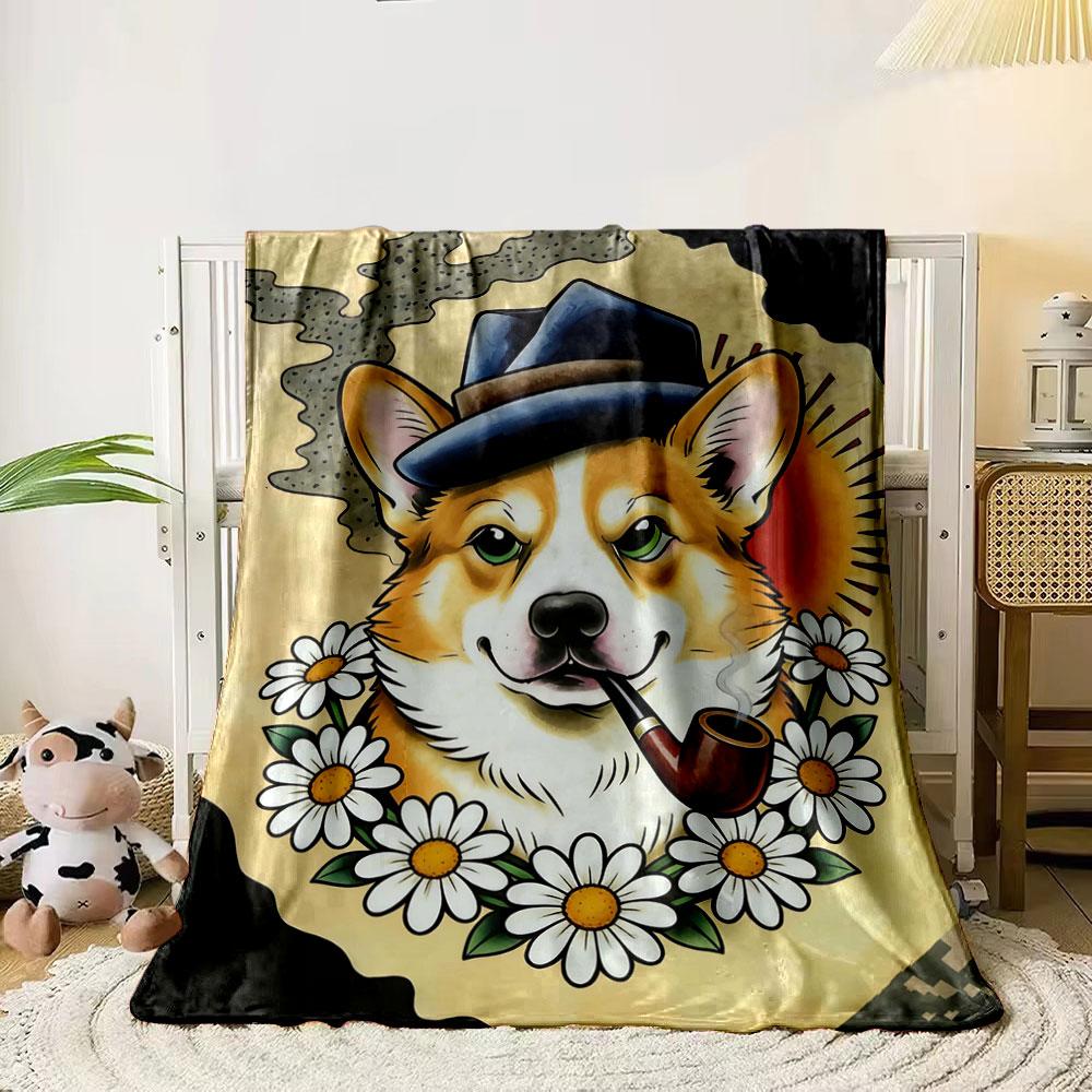 A corgi wearing a hat, smoking a pipe, surrounded by daisies and a sun. for all seasons blanket lunch break throw gift 80cm x 120cm
