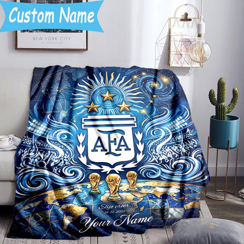 Custom Name Argentina Football Crest Flannel Blanket, Use for Birthday/Holiday Gift, Soft Blanket for Sofa/Bed/Camping/Office, Home Decor