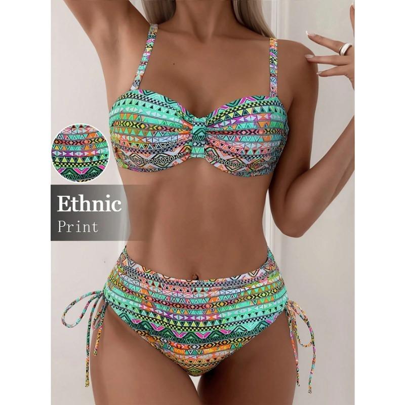 Women's Ethnic Print Two Piece Bikini Set - Side Tie High Waist Bathing Suit