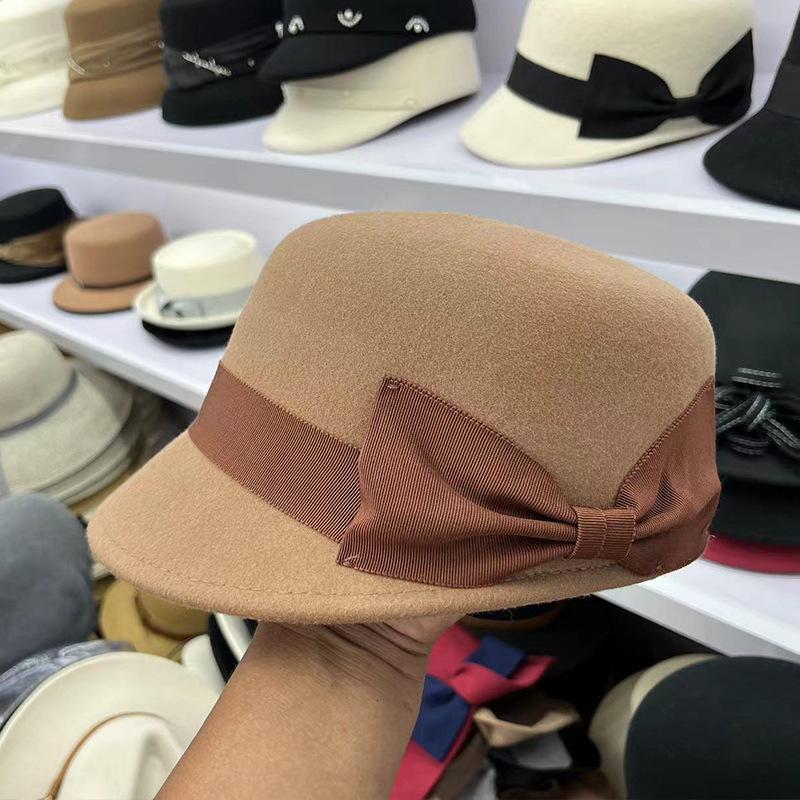 Japan autumn and winter new woolen hat bow women's retro casual equestrian hat peaked hat fashion knight hat