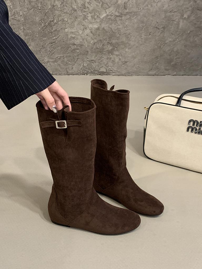 Show long legs! Frosted suede medium tube stacking boots, wide tube looks thin, but inner knee height increase, knight boots, genuine leather boots