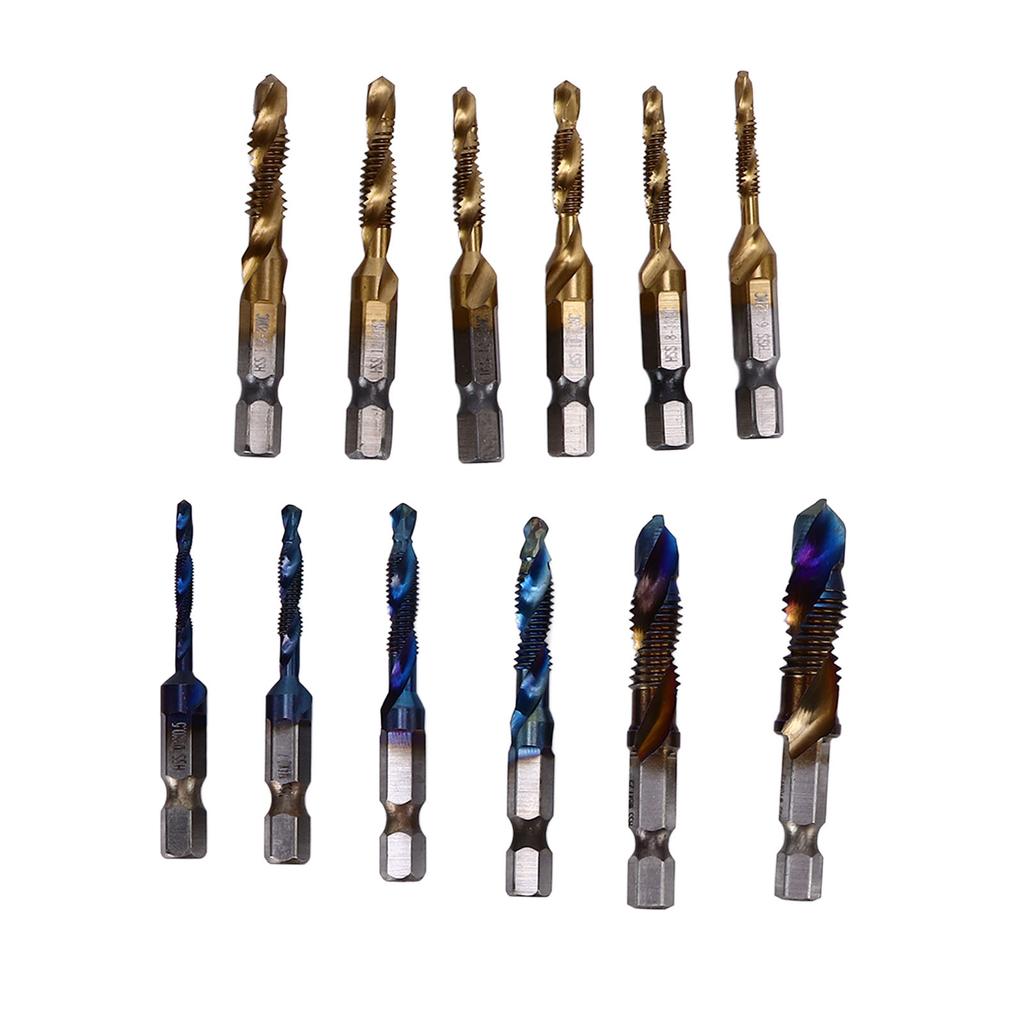 12Pcs Combined Tap Drill Bit Set HSS Metric Blue Plating Imperial Ti Plated 14in Hex Shank