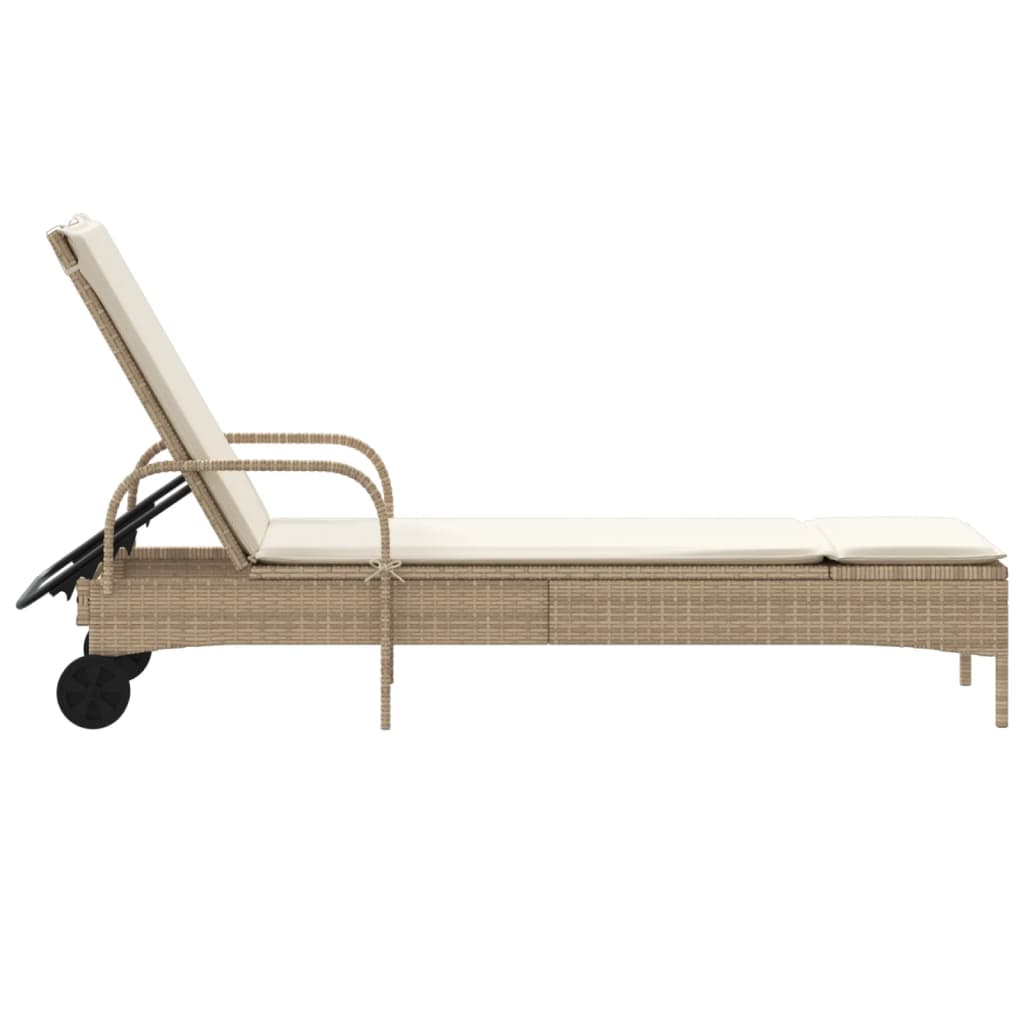 Sun Lounger with Wheels and Cushion Beige Poly Rattan