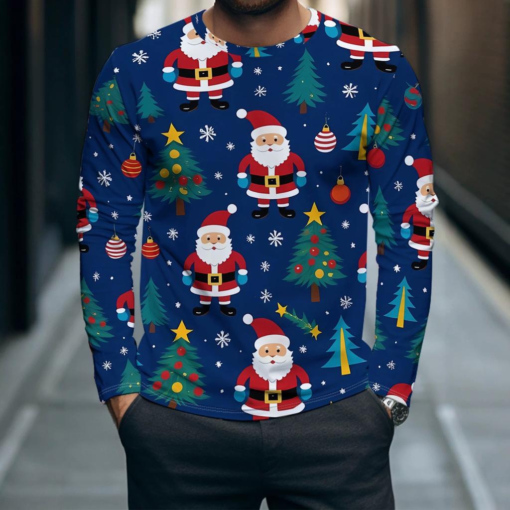 Autumn and Winter Men's 3D Printed Crew Neck Long Sleeve T-Shirt Christmas Dress