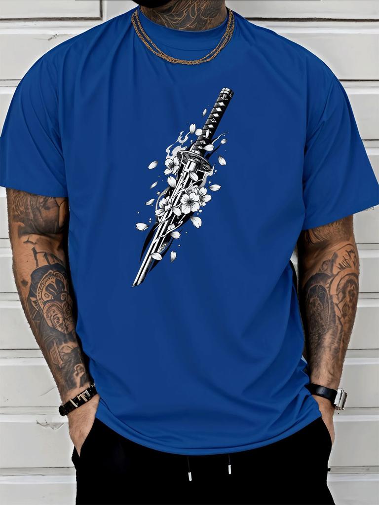 Unisex Summer Red Short Sleeve T Shirt Japanese Katana Sakura Print Casual Oversized Tee Streetwear Hip Hop Loose Male Daily Top