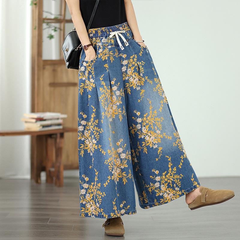 

Модные джинсы с широкими штанинами с цветочным принтом, женские, с высокой талией, свободные, повседневные, из денима, женские, летние, на каждый день, прямые брюки 2XL