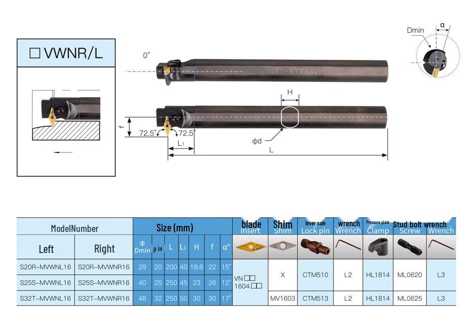 72.5° Internal Hole CNC Tool Holder S20R/S25S/S32T-MVWNR16/MVWNL16
