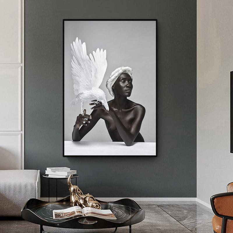 Nude African Woman Canvas Poster Feather and Black Women Oil Painting Scandinavian Decorative Picture for Living Room Wall Decor