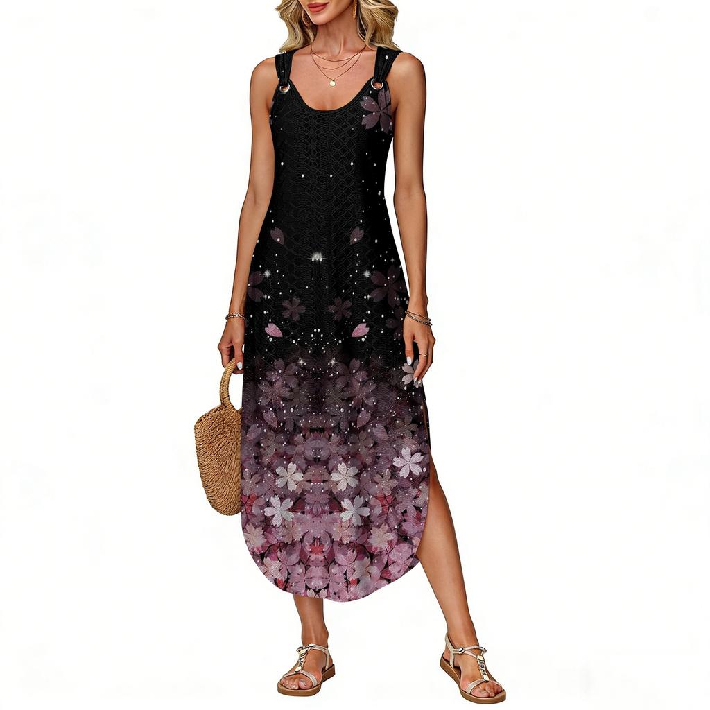 Women's summer long dress, sleeveless with side slits, long retro printed camisole dress