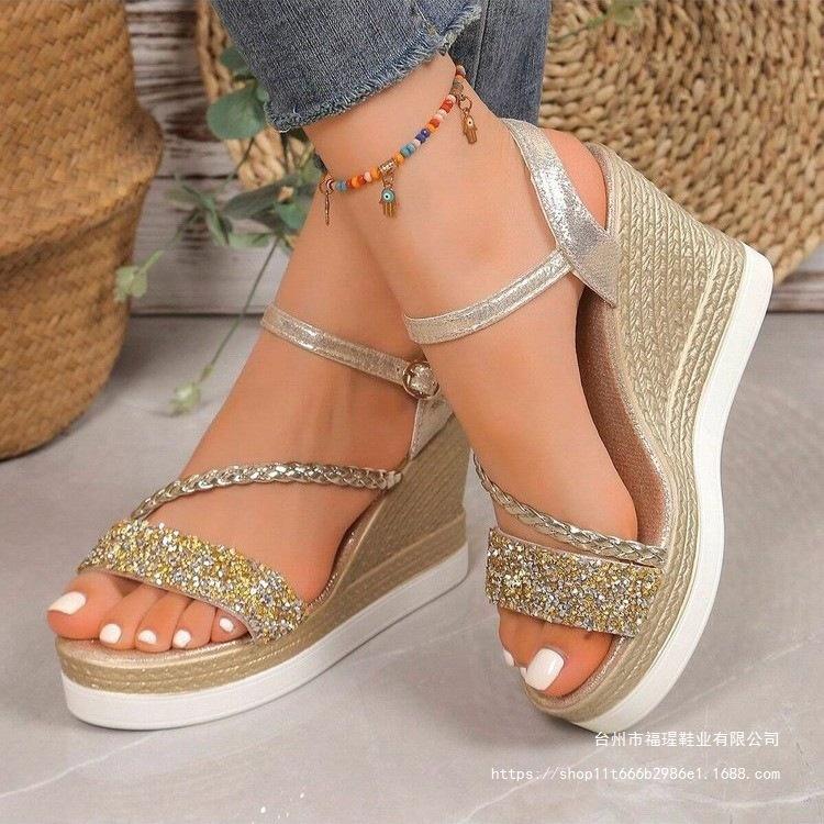 Summer new fashion fish mouth one-word buckle strap high heel fashion casual large size women's Roman rhinestone sandals gold