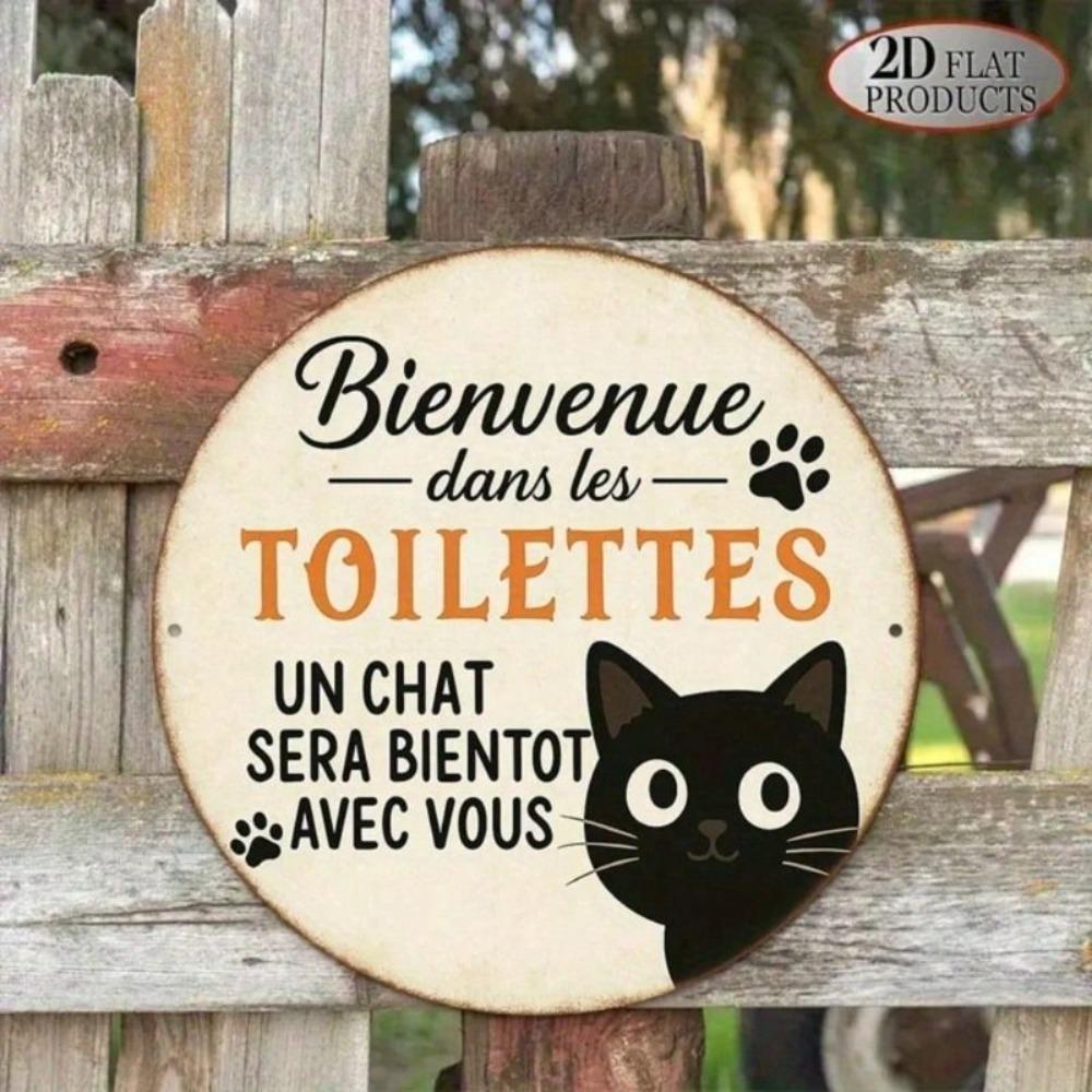 Rustic Round Aluminum Cat Sign for Bathroom, Country Style Decorative Wall Plaque