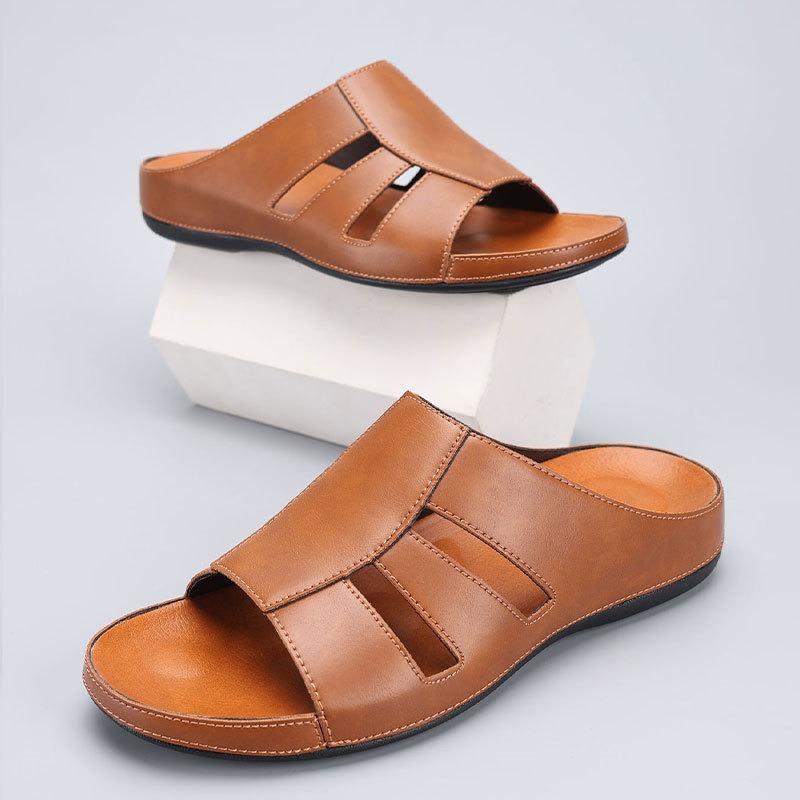 Slippers for Men Luxury Handmade Leather Slippers 2025 Summer New Peep Toe Slippers for Men Casual Beach Slipper Chanclas Hombre