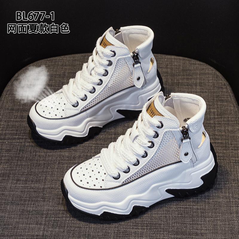 Mesh high-top dad shoes summer new leather thick-soled small hollow breathable casual shoes