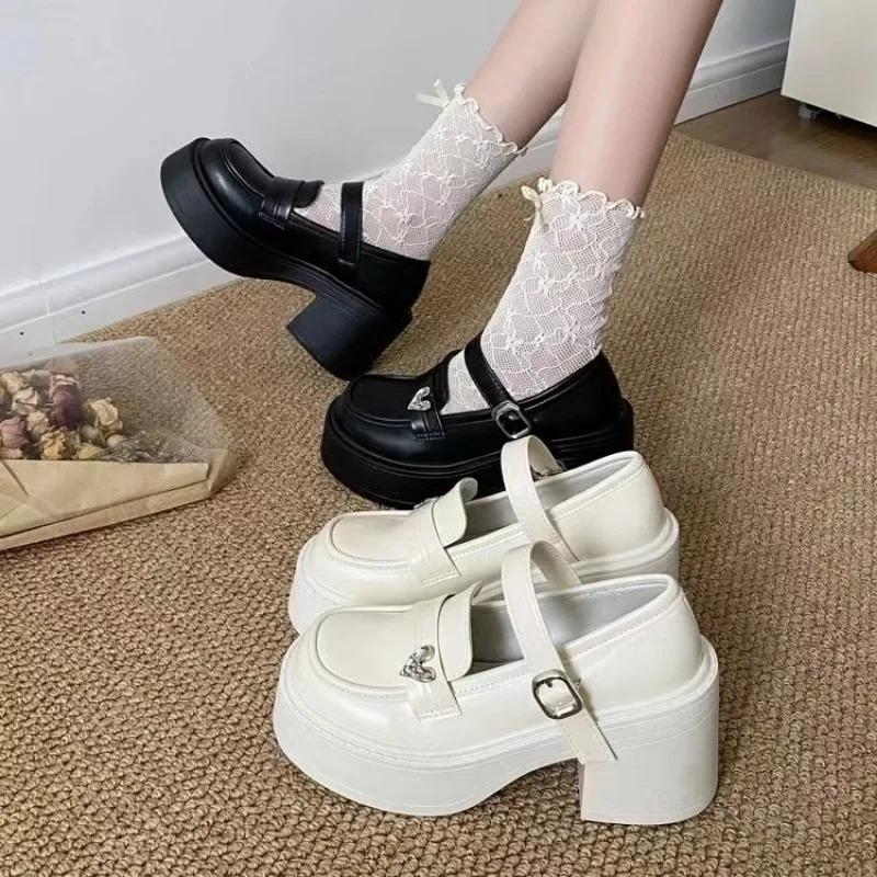 fashion 2024 New Women's Shoes Loafers Women's High Heels Platform Office Pumps Women Heart-Shaped Buckle Strap Square Heel Shoes Female