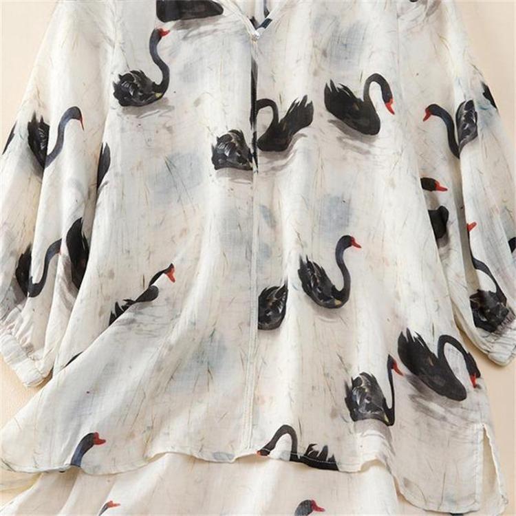 New Summer Linen Blouse Floral Pattern Loose Shirt Casual Plus Size Women White