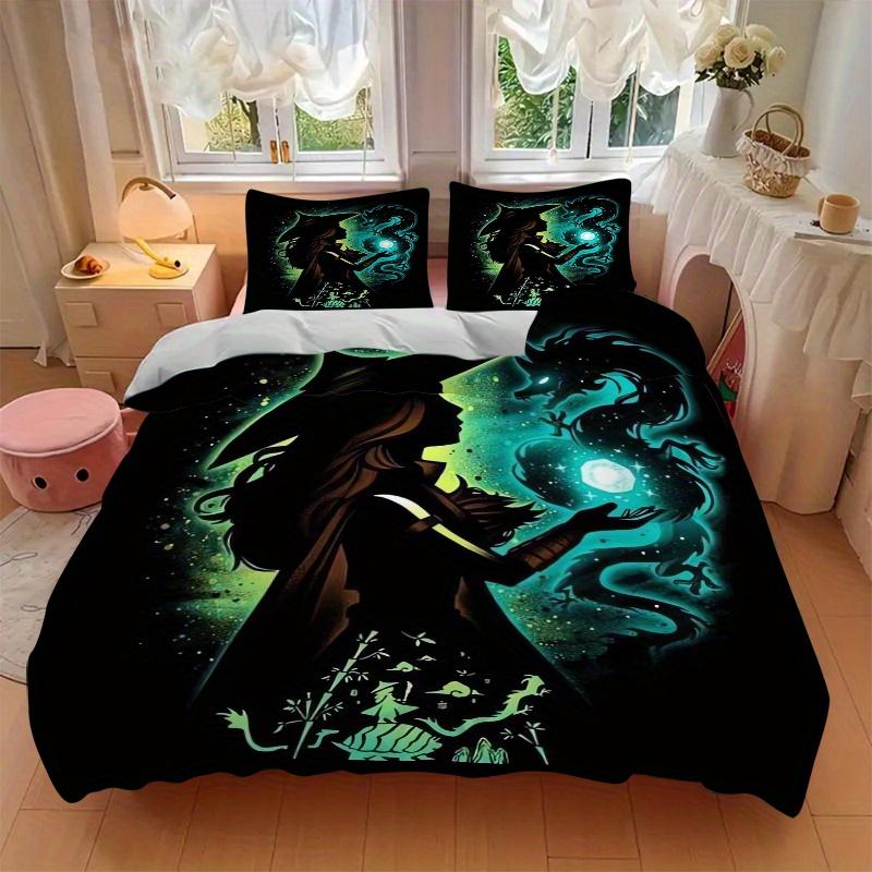 3pcs Witch & Dragon Fantasy Art Printed Quilt Set - Includes 1 Quilt Cover and 2 Pillowcases, Machine Washable - Suitable for All Seasons.S101