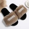 Fashion Indoor Faux Fury Cotton Slippers Women Winter Fashion Pearls Detor Cotton Slippers Open Toe Non Slip Plush Slides Female