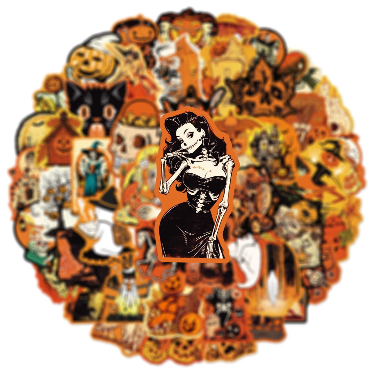 50PCS Retro Halloween Fun Graffiti Stickers Decorative Water Bottle Stationary Pumpkin Monster Waterproof Horror Stickers