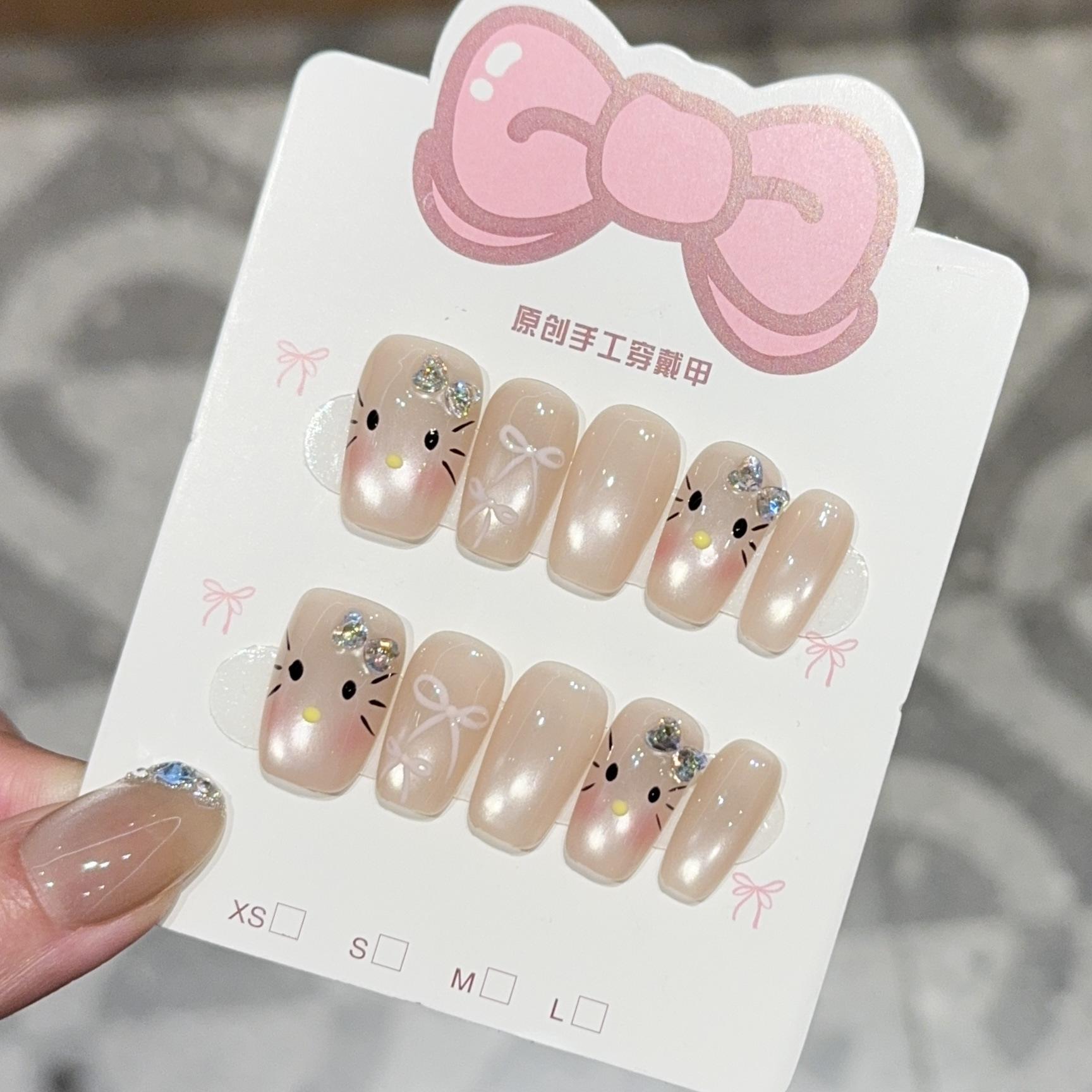 Cute hellokitty bow cat eye medium and long handmade nail wear handmade nail art fake finger XS