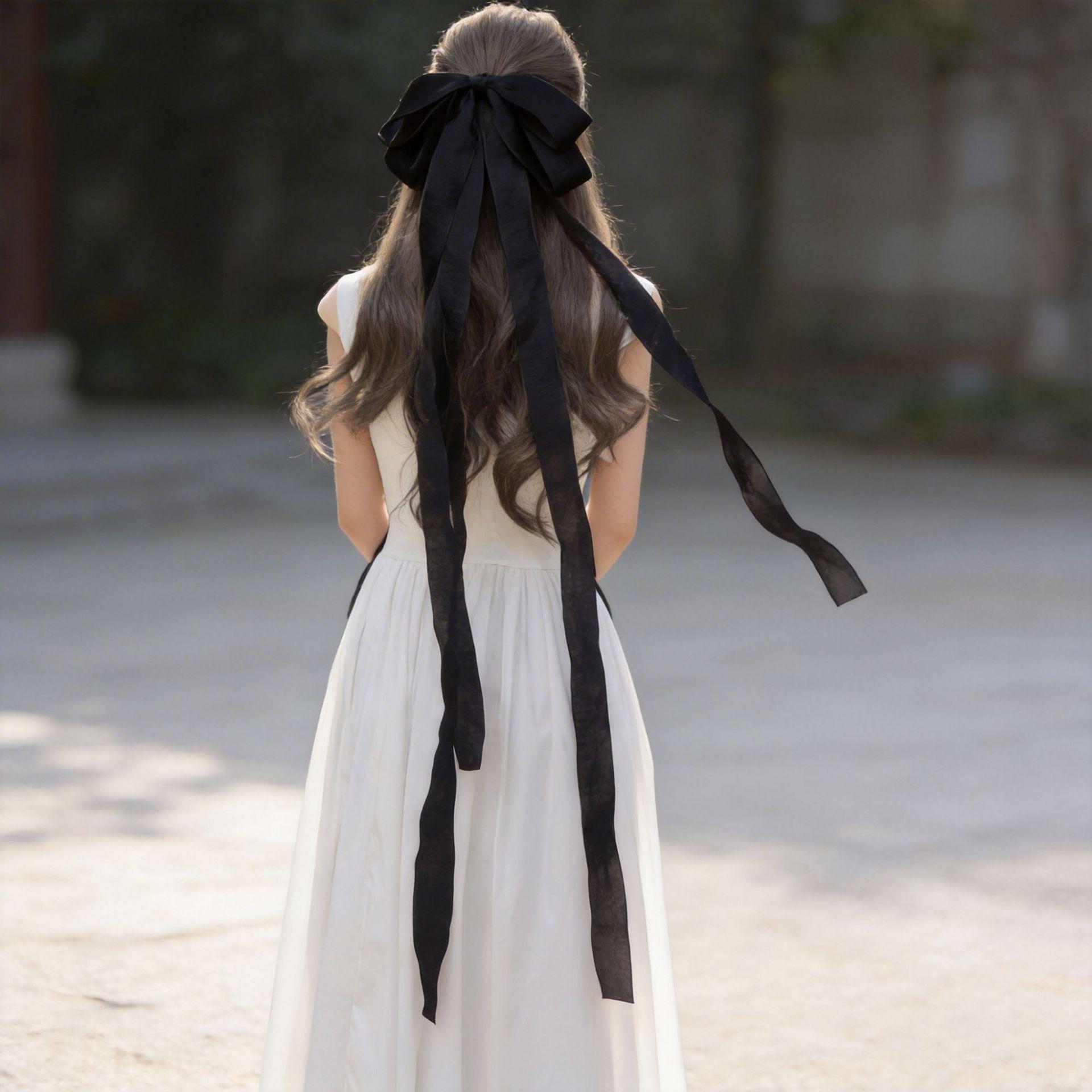 

Red Bow Silk Ribbon Hair Clip - Flowing Gauze Style Headdress Accessory for Girls
