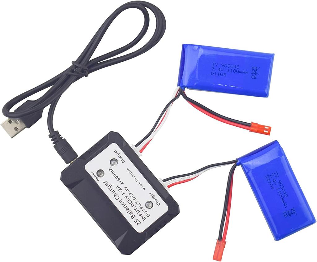 2× 7.4V 1100mAh LiPo Battery Kit with Charger – Compatible with WLtoys A949, A959, A979, K929 – High Capacity – Blue