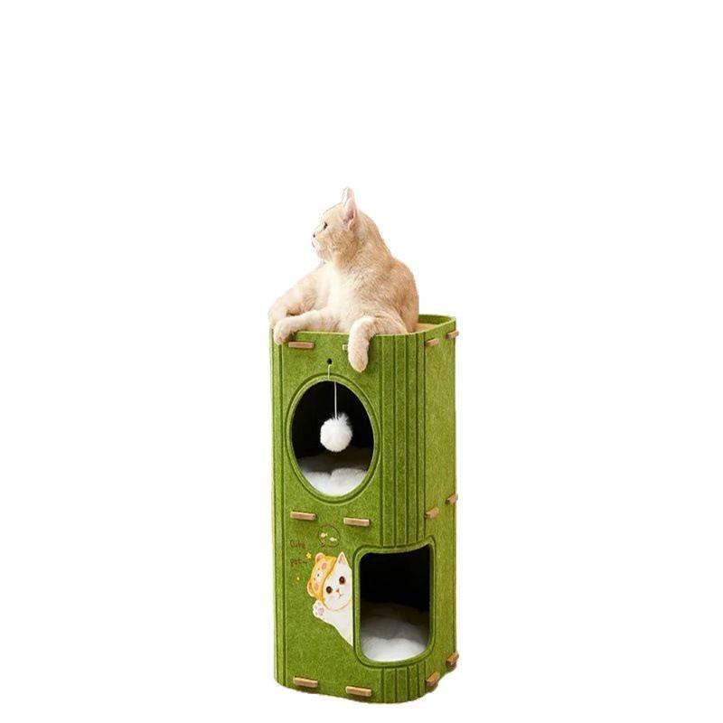 Waterwood Space-Saving Cat Climbing Frame: Felt Barrel Nest with Three Layers and Tree Hole for Big Cats