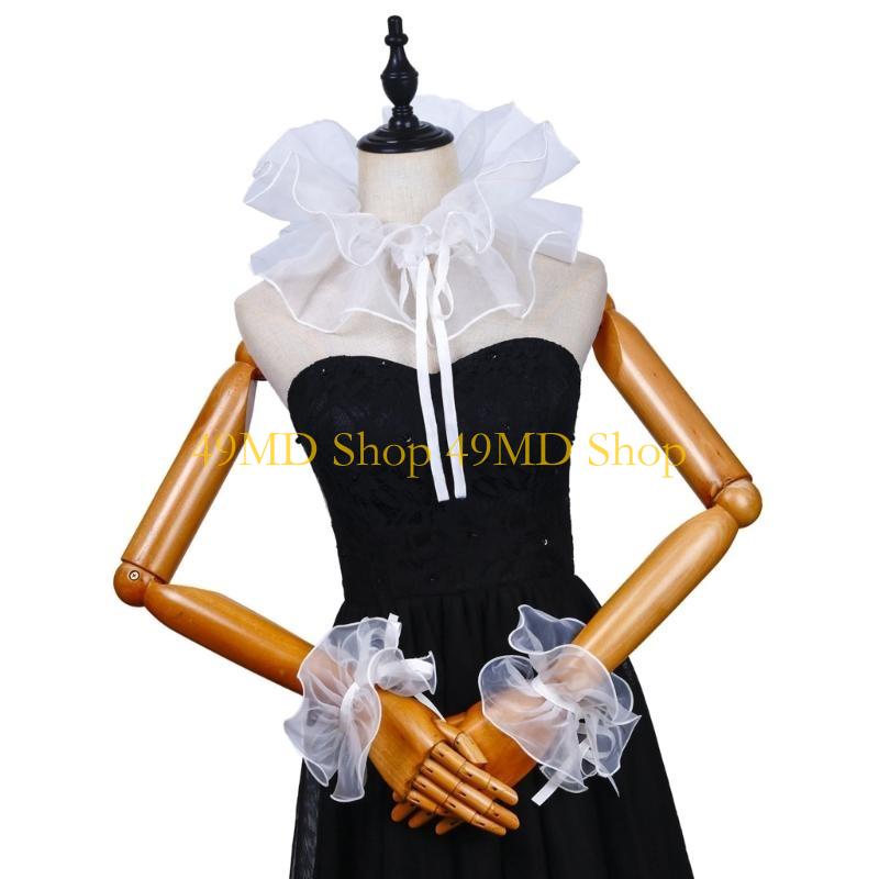 49MD Tie Collar Cosplay Ruffled Elizabethan Wrist Cuffs Medieval Cosplay Drama Play Decorative Shirt Dress Collar
