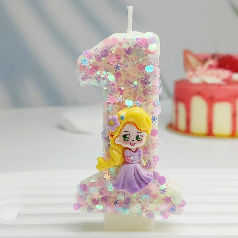 Creative Styling Cartoon Rapunzel Digital Candle Birthday Cake Decoration Colorful Sequin Candle