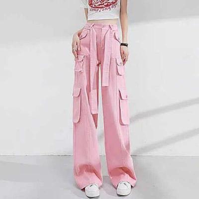 Jeans Cargo Roses Retro Taille Haute Jambe Large Spicy Girl pour Femmes