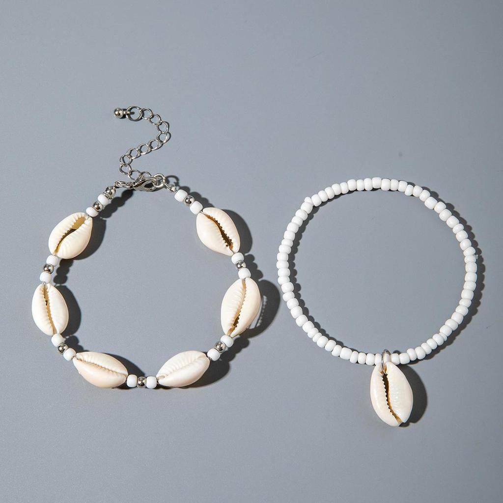 2pcs Fashionable and Simple Bohemian Beach Shell Rice Bead Foot Chain Women's Jewelry Colorful Foot Chain Accessories