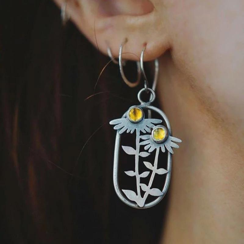 Delicate Flower Metal Green Crystal Dangle Earrings for Women Girl Chic Jewelry