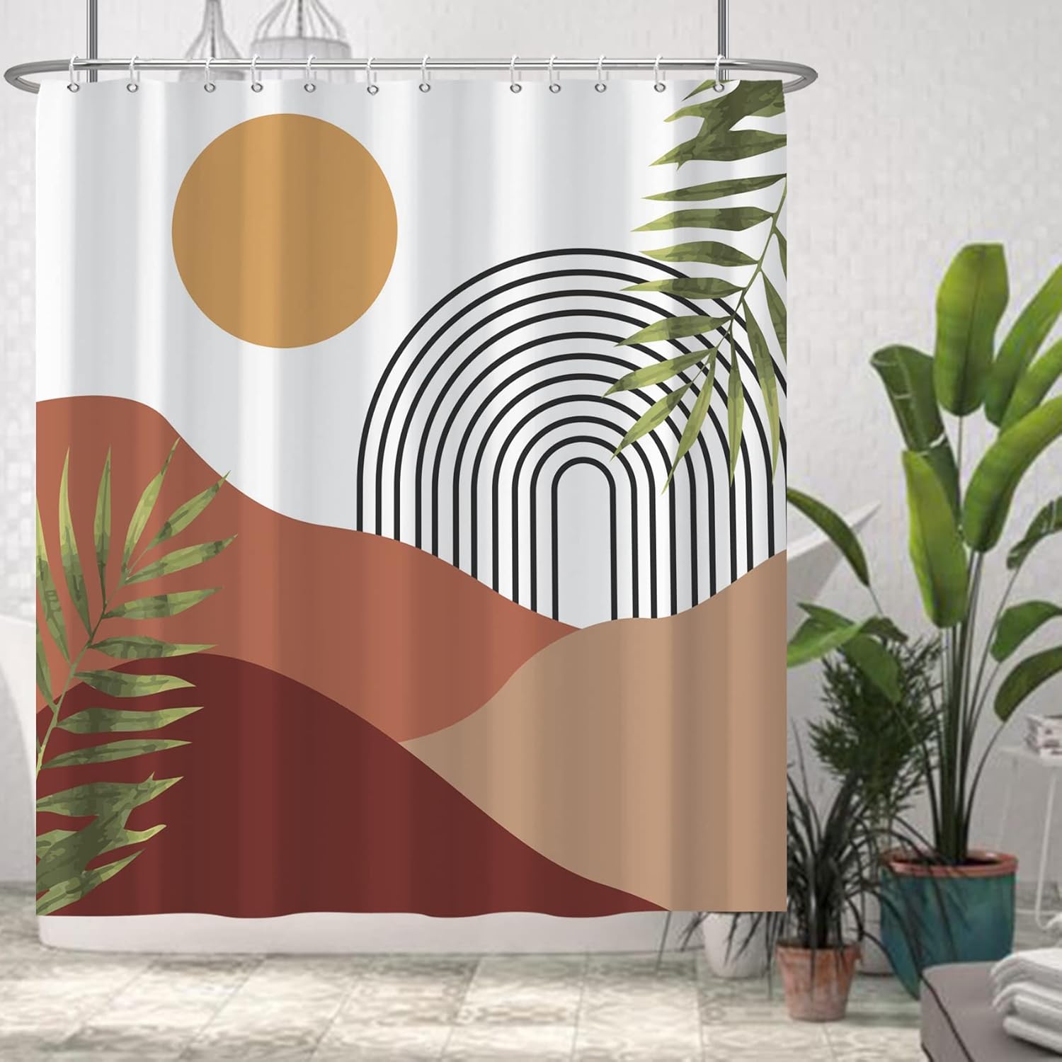 

Boho Shower Curtain with Hooks Arch Sun Rainbow Green Leaves Mid Century Shower Curtain Washable Bathroom Decor 72x72inch 90X180cm