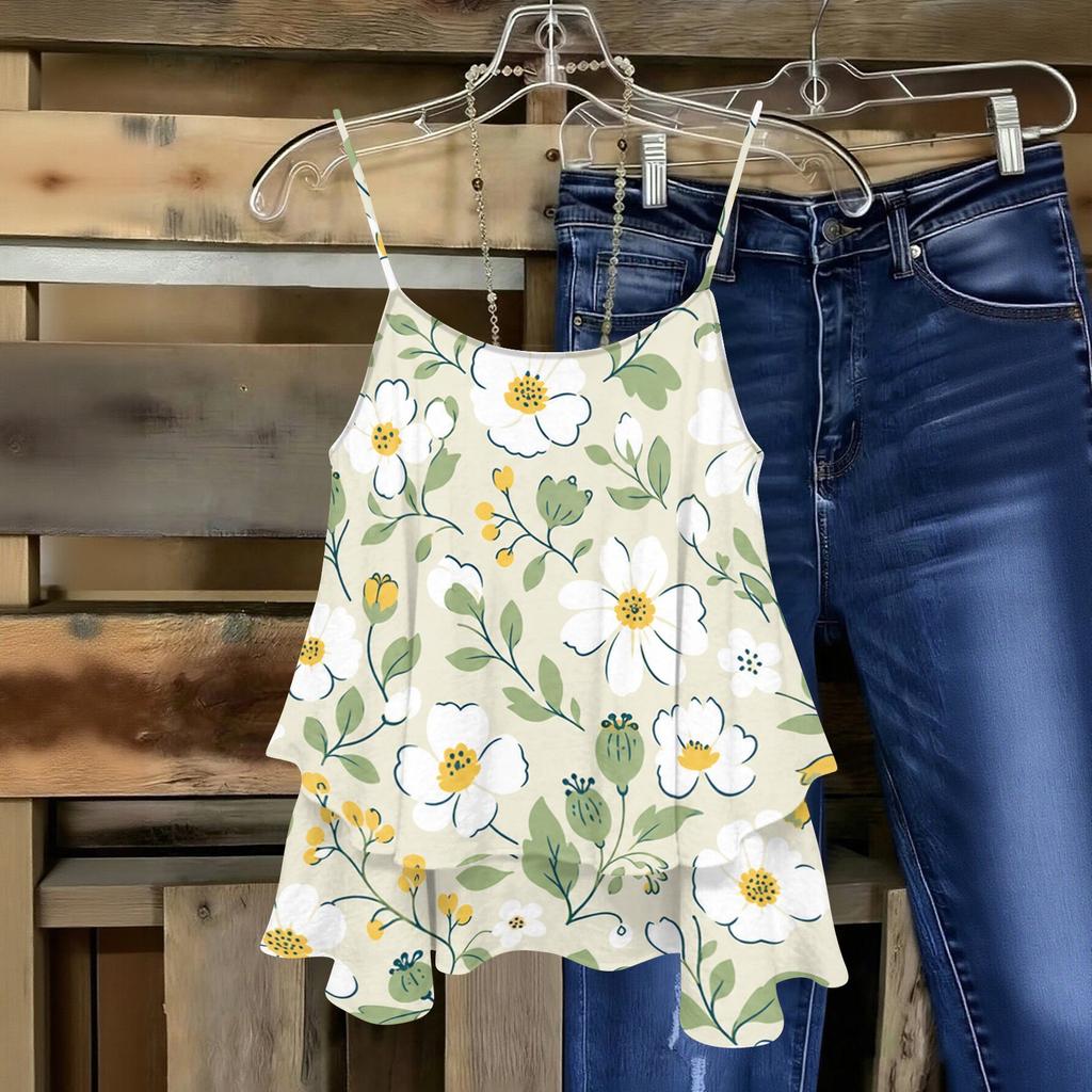 Women Sleeveless Floral Print Double Layer Camisole Top Lightweight Spaghetti Strap Summer Blouse Casual Loose Fit Shirt