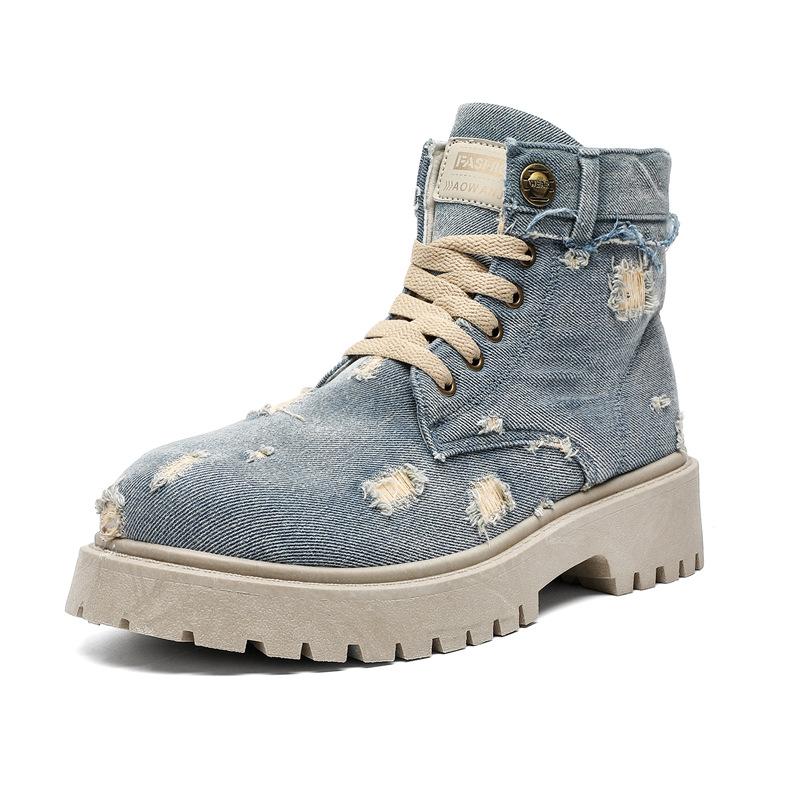 Fashion Blue Denim Men's Boot Autumn High Top Platform Cowboy Boots Man Original Casual Short Barrel Boots Men botas para hombre