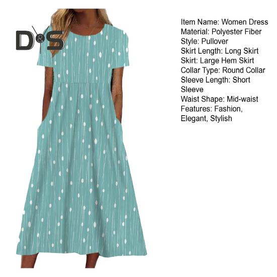 Women's Summer Short Sleeve Dress Casual Floral Print Round Neck Midi Dress with Pockets Flowy A-line Beach Sundress