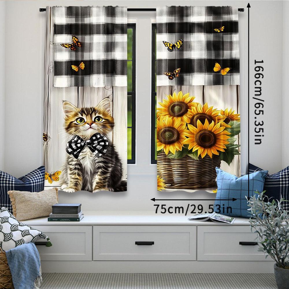 2Pcs Cute Country Cat Sunflower Curtains Rustic Wood Printed Curtains Suitable For Bedroom Bathroom Living Room Dining Room