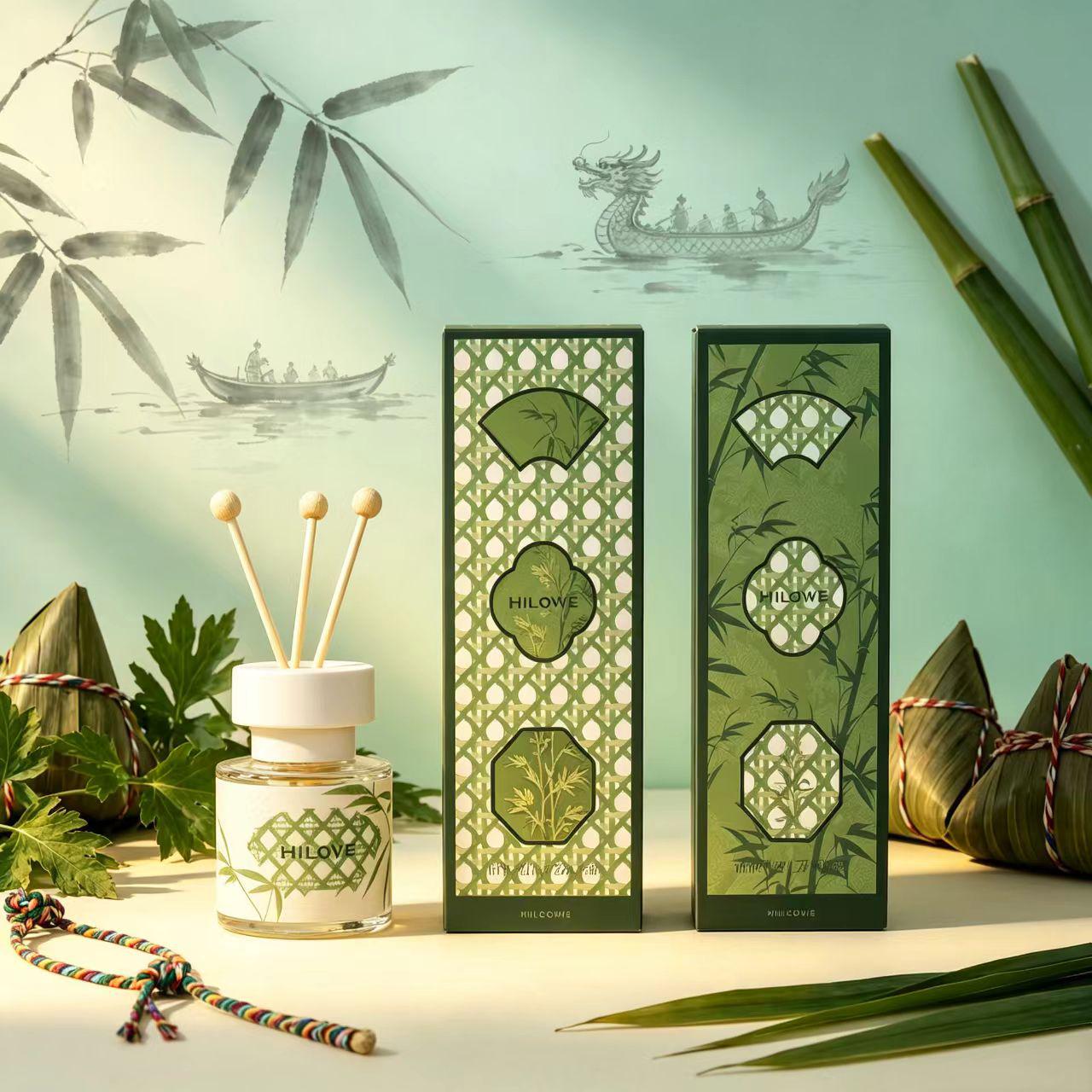 Hilowe Dragon Rhyme Green Bamboo Edition Flameless Diffuser Liquid · Oriental Herbal Scent Gift Box with Rattan Reeds