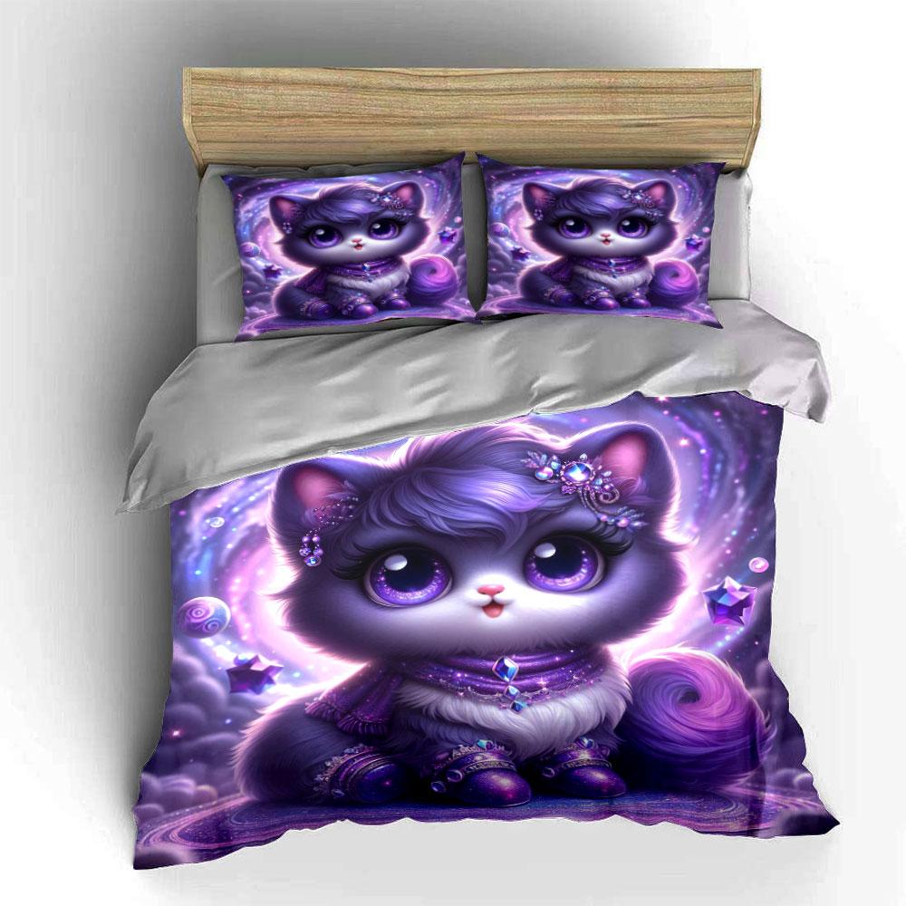 Purple Cosmic Pet With Floating Gems Duvet Cover Set With 3D Printing Design Soft Polyester Bedding Set All-Season Comfort