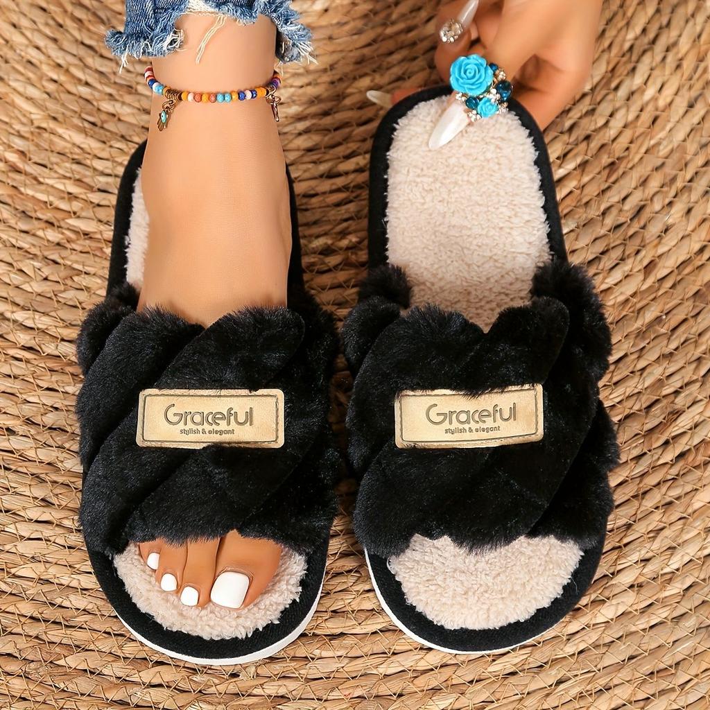 Cozy Plush Lined Open Toe Slippers with Non-slip Soft Sole for Winter & Autumn