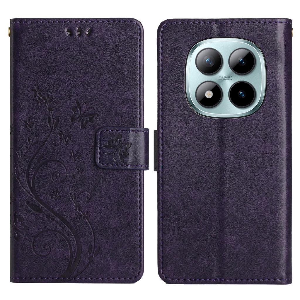 Pro Xiaomi Redmi Note 15 Pro 5G (Globální) Kožené pouzdro peněženka s potiskem motýlů a květin, kryt na telefon s popruhem