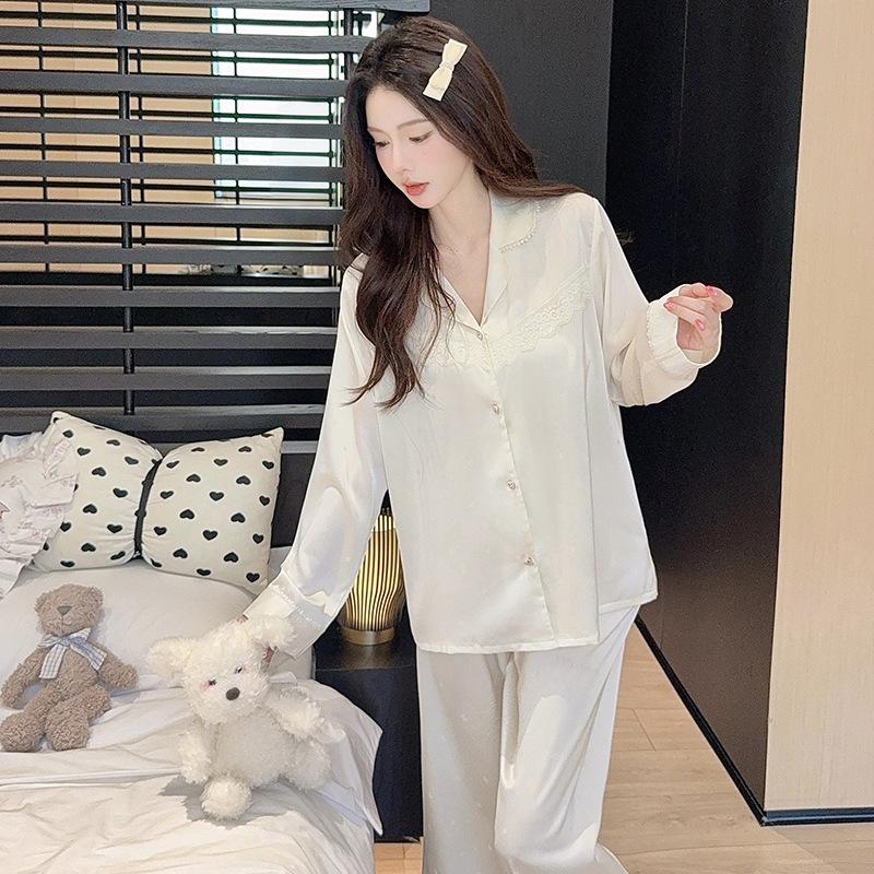 Vernis long-sleeved ice and snow silk pajamas women's spring light luxury high-end lace simulation silk loungewear set