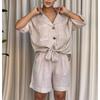 Women's 2 Piece Casual Outfit Short Sleeve Turn Down Collar Button Down Shirt and Shorts Set with Pockets