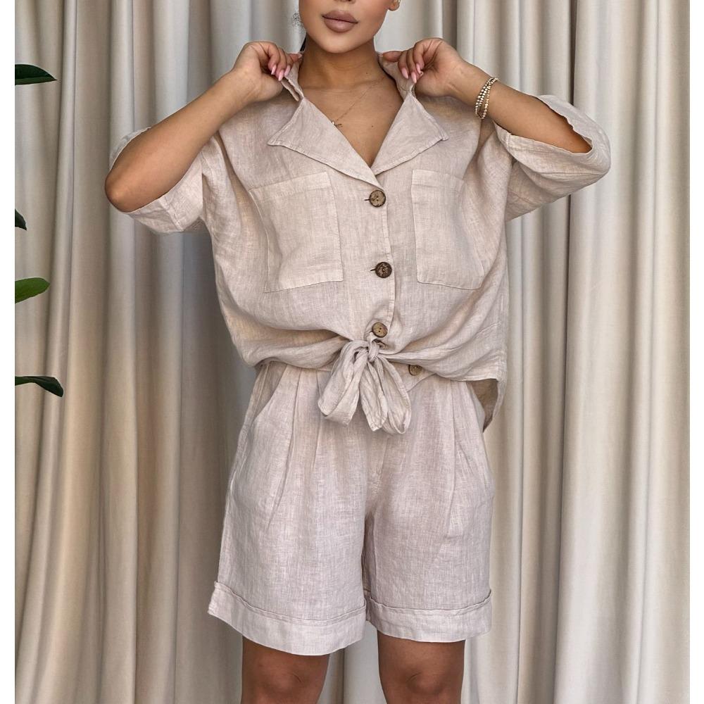 Women's 2 Piece Casual Outfit Short Sleeve Turn Down Collar Button Down Shirt and Shorts Set with Pockets
